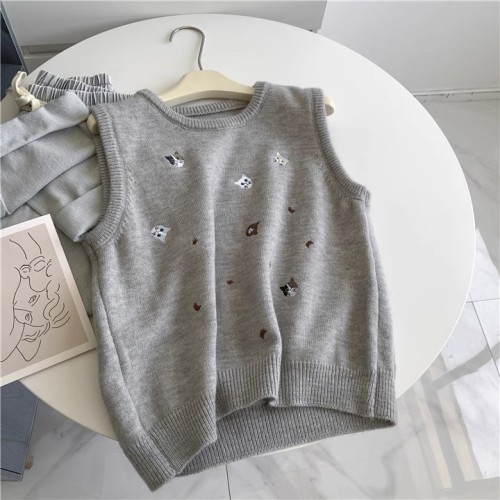 Kitten embroidery college style knitted vest for women gray temperament autumn loose versatile waistcoat top vest for women