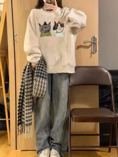 Pink round neck hooded pullover loose oversize sweatshirt for women spring and autumn new style kitten print top