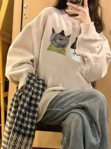 Pink round neck hooded pullover loose oversize sweatshirt for women spring and autumn new style kitten print top
