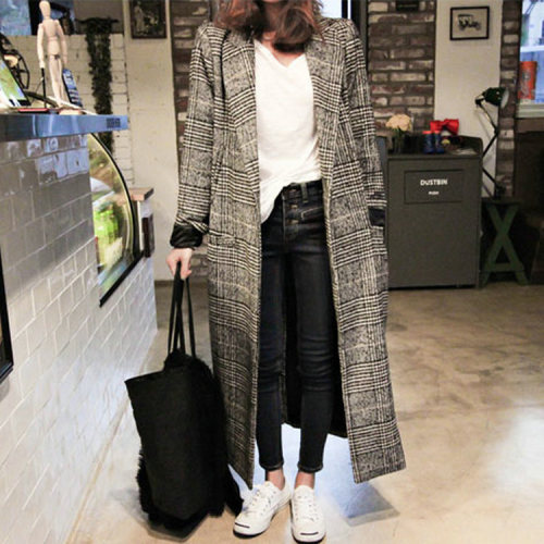 Spring new Korean style fashionable houndstooth plaid coat mid-length knee-length classic plaid woolen coat for women