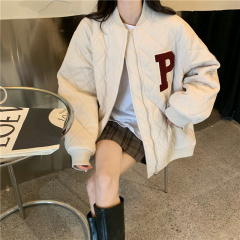 Spot hot style rhombus letter Hong Kong style cotton jacket winter new college style clip loose gram baseball uniform for women