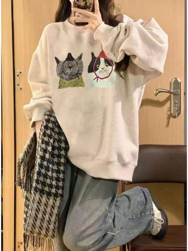Pink round neck hooded pullover loose oversize sweatshirt for women spring and autumn new style kitten print top