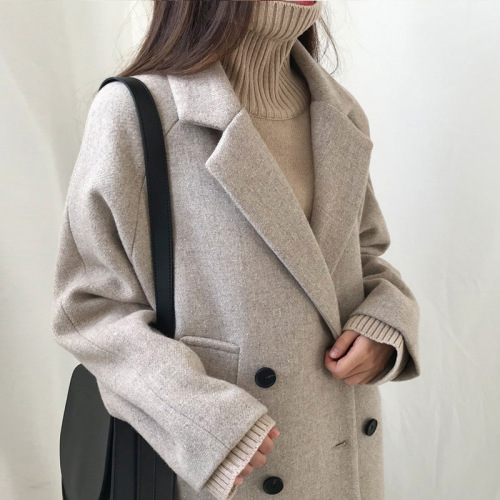 Temperament slim and slim mid-length autumn and winter new woolen coat women's coat top student double breasted