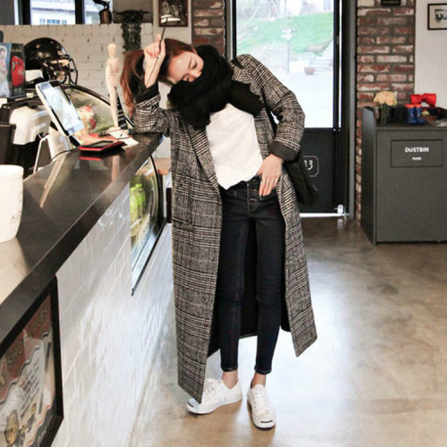 Spring new Korean style fashionable houndstooth plaid coat mid-length knee-length classic plaid woolen coat for women