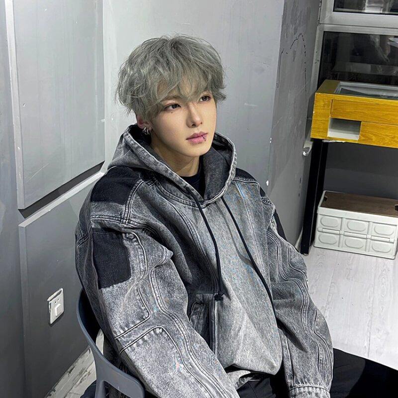 American patchwork denim sweatshirt hooded jacket trendy European and American motorcycle clothing for men - online picture