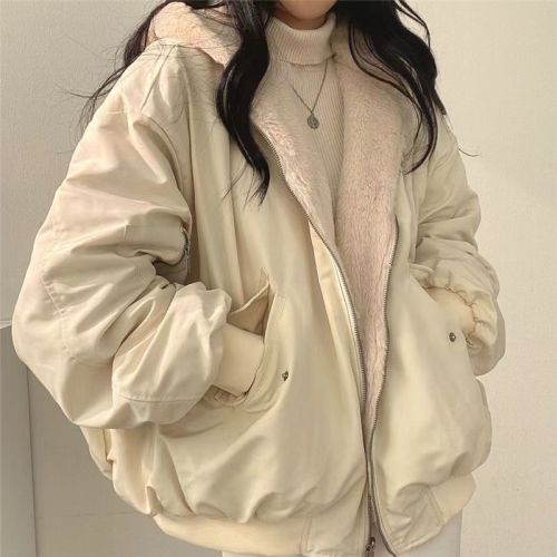 Apricot velvet thickened reversible lamb velvet cotton coat women's short coat autumn and winter zipper hooded cotton coat top