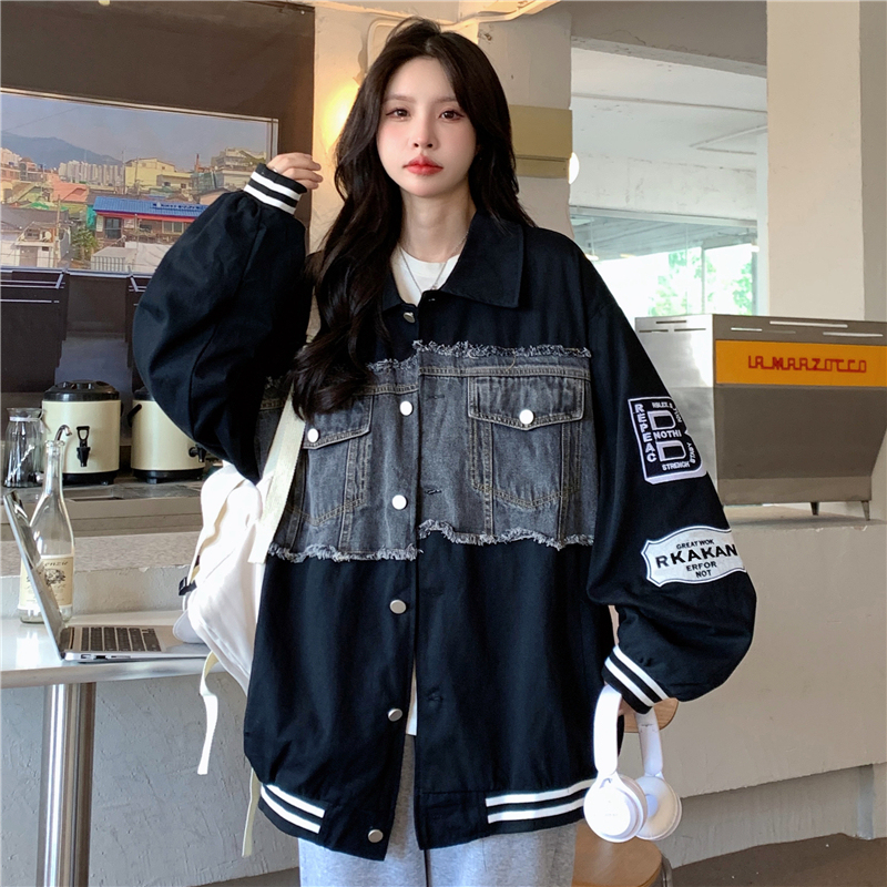 Real shot original denim plus inner denim jacket embroidered baseball uniform jacket for women