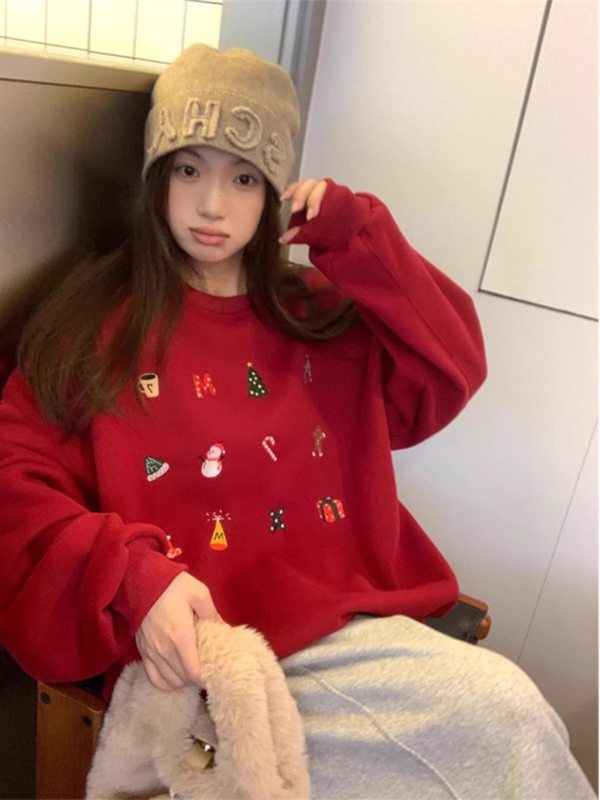 New Christmas atmosphere wear round neck pullover red sweatshirt for women autumn and winter tops