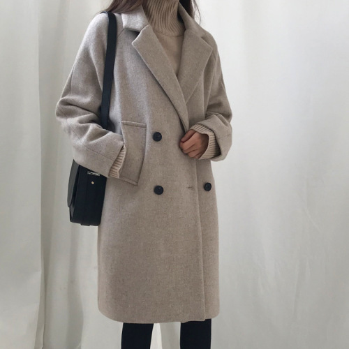 Temperament slim and slim mid-length autumn and winter new woolen coat women's coat top student double breasted