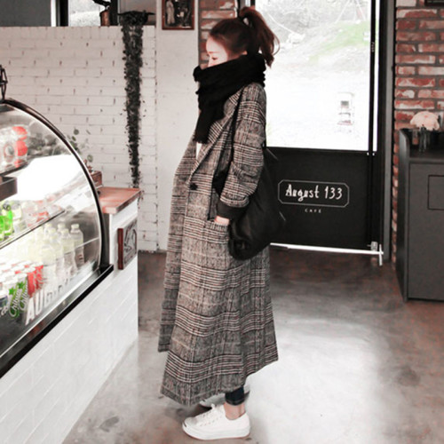 Spring new Korean style fashionable houndstooth plaid coat mid-length knee-length classic plaid woolen coat for women