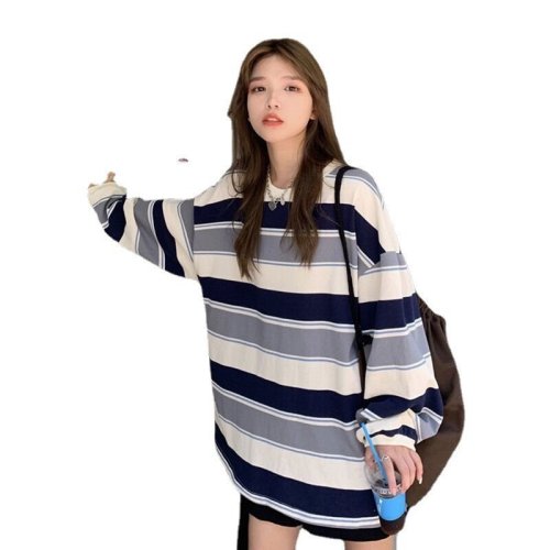 Super hot cec round neck sweatshirt for women Korean style autumn new loose striped thin top women's ins trend