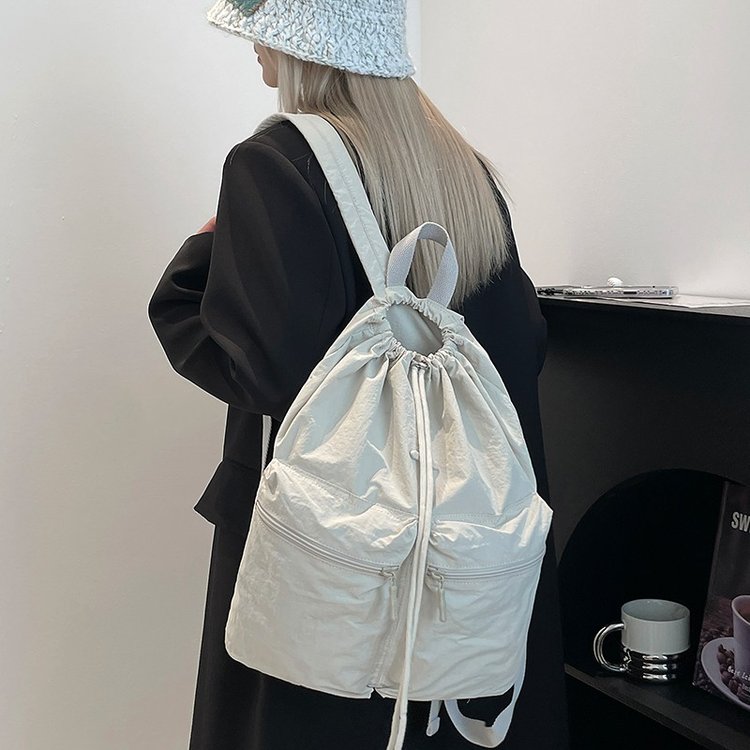 Drawstring Backpack Solid Color Lightweight Large Capacity Commuting Nylon Backpack