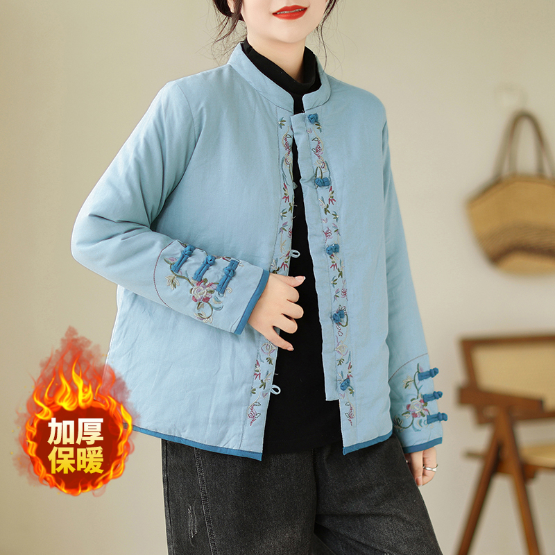 National style cotton and linen embroidered cotton clothes, retro plate-button stand-collar double-breasted cotton clothes, winter Chinese-style thick coats and cotton clothes