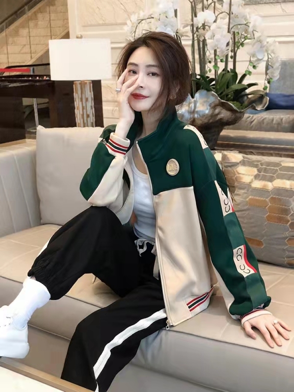 Green spliced ​​casual jacket women's short sports baseball uniform top spring and autumn new European station