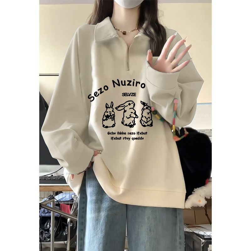American apricot polo collar sweatshirt for women in spring and autumn Korean style loose velvet thickened half-zip jacket top