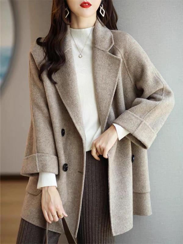 Suit collar temperament woolen women's autumn and winter new herringbone coat loose slim coat versatile little people