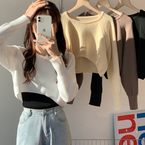 New autumn and winter short pullover sweater women's high waist half navel exposed long sleeve lazy sweater blouse top