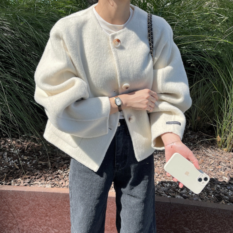 In stock Korean autumn and winter round neck simple short versatile woolen jacket