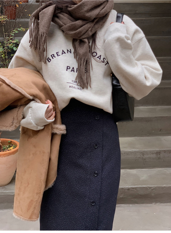 Korean chic autumn niche lazy style round neck printed letter design loose and versatile long-sleeved pullover sweatshirt for women