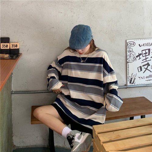 Super hot cec round neck sweatshirt for women Korean style autumn new loose striped thin top women's ins trend