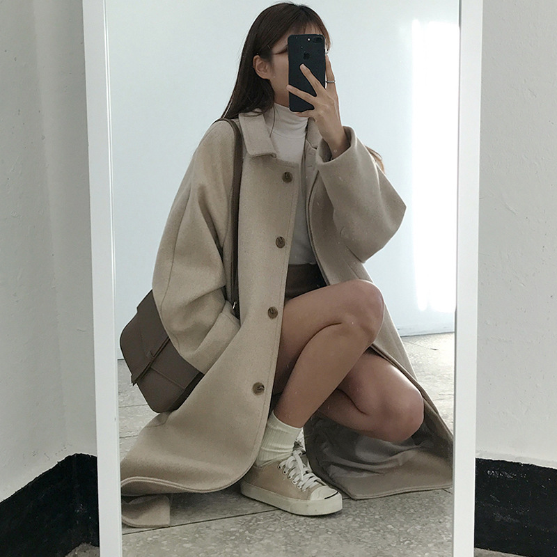 New first love autumn and winter long single-breasted woolen coat for female students thickened woolen coat