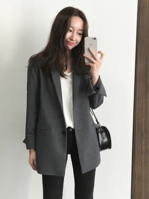 Korean chic autumn and winter classic retro versatile suit jacket simple solid color single breasted