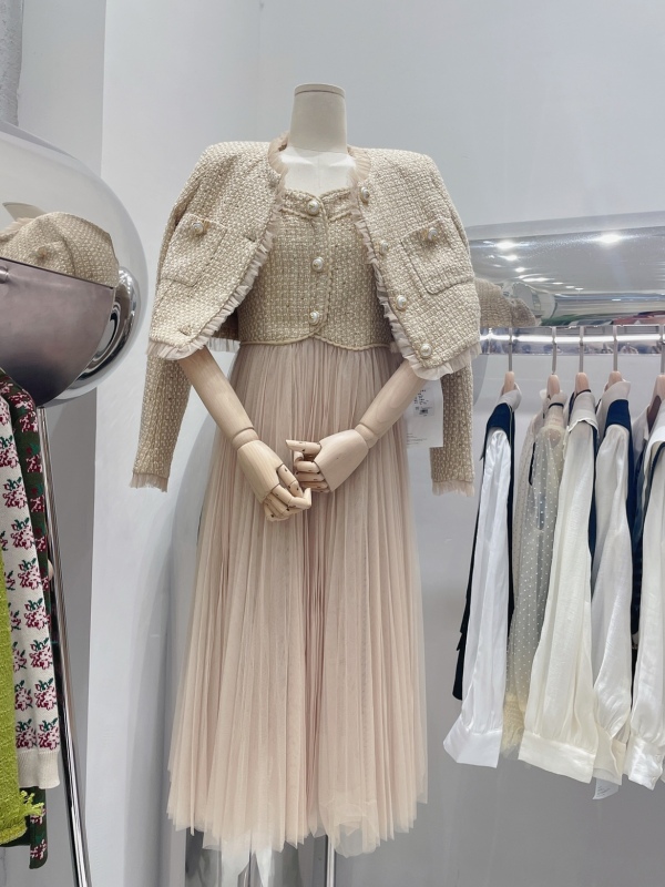 Lady style waffle waisted short jacket + mesh pleated suspender skirt two-piece suit for women early autumn new style