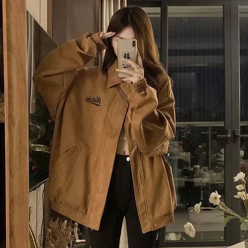 American suede baseball uniform for women spring and autumn retro Hong Kong style chic loose letter embroidered lapel jacket