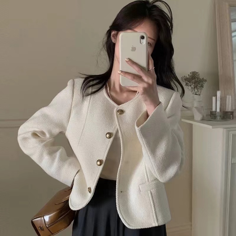 Korean chic autumn style small fragrance round neck metal button loose and versatile long-sleeved tweed jacket for women