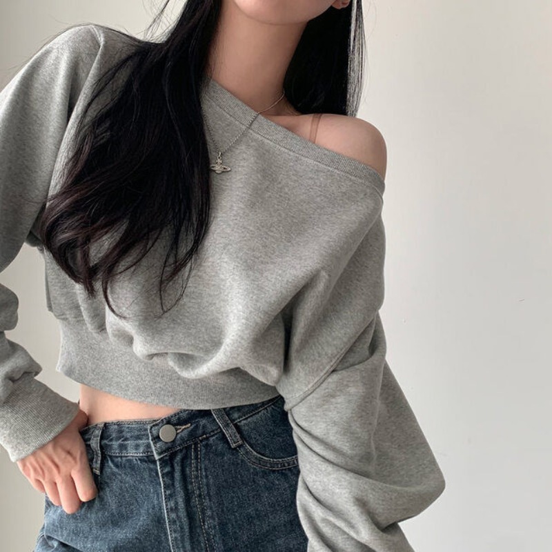 Korean chic spring and autumn niche temperament one-line collar off-shoulder loose casual short long-sleeved solid color sweatshirt for women