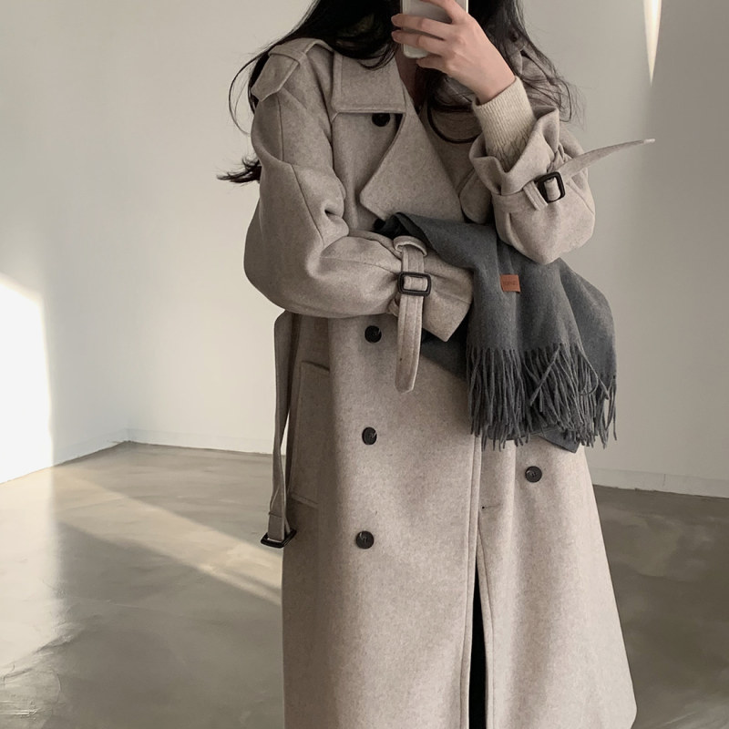 chic double-breasted lace-up woolen coat thickened mid-length woolen coat