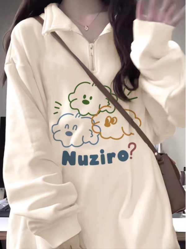 Imitation cotton Chinese cotton compound milk silk 300g/silver fox velvet 400g half-zip printed sweatshirt loose women's autumn and winter