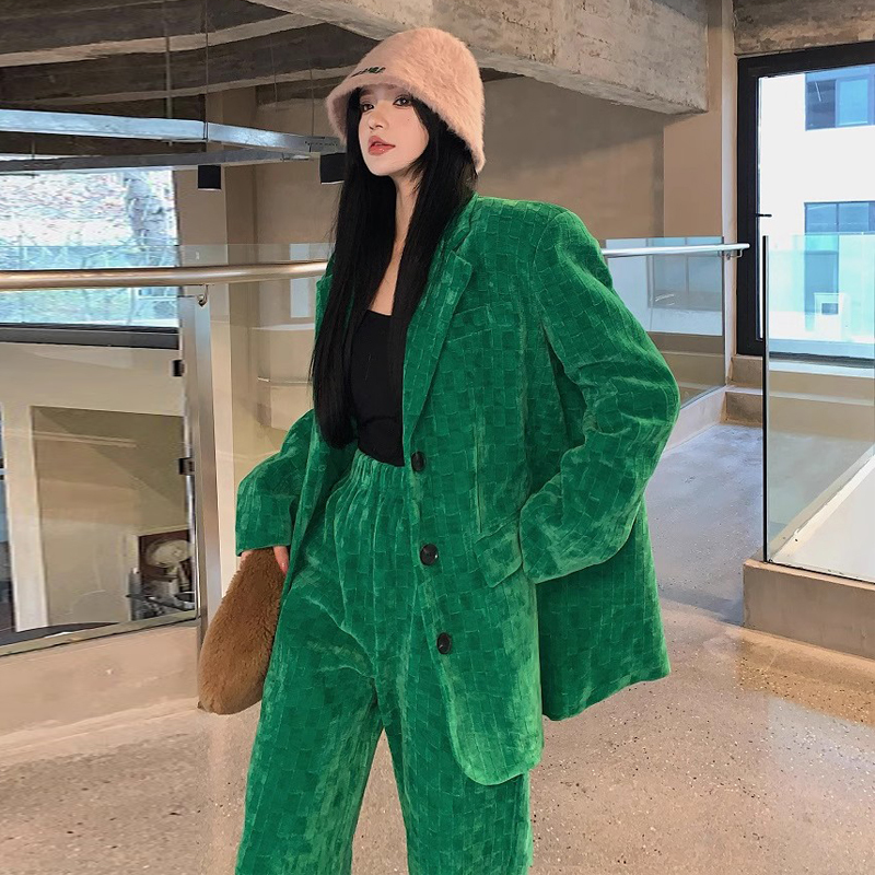 Spring new women's green thickened corduroy Yujie wide-leg pants suit suit two-piece set