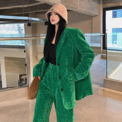 Spring new women's green thickened corduroy Yujie wide-leg pants suit suit two-piece set