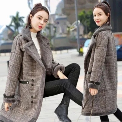 Plaid coat women's new autumn and winter thickened mid-length lamb fur one-piece woolen coat for small people