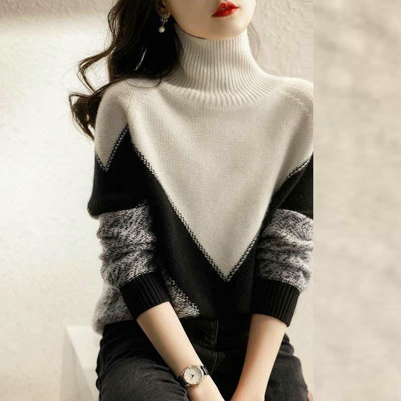 Large size autumn and winter new style fashionable sweater sweater spliced ​​loose slimming knitted bottoming turtleneck sweater