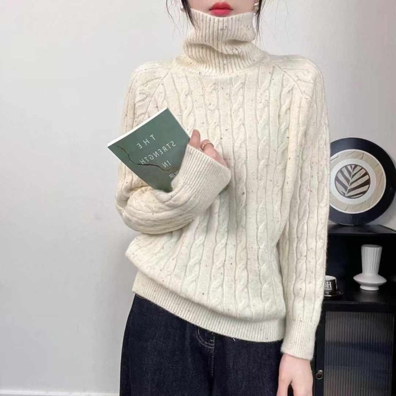 Japanese retro white twist sweater women's pullover high collar loose lazy style autumn and winter outer wear thickened cable top