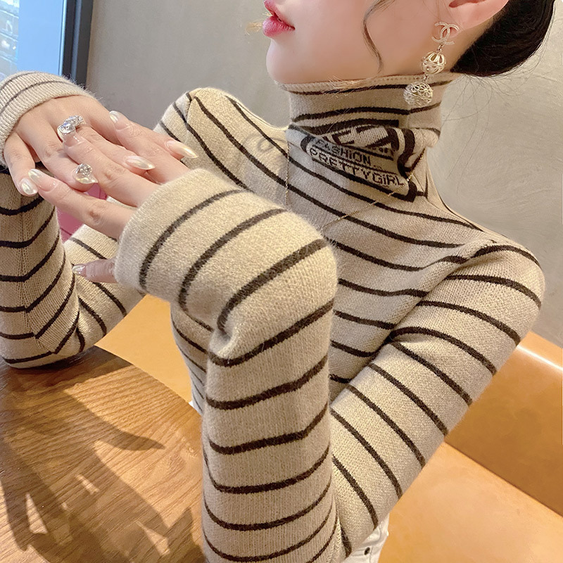 Striped turtleneck sweater women's bottoming shirt autumn and winter tight pile collar knitted inner top