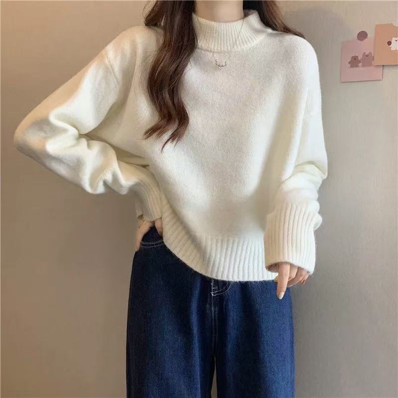 Half turtleneck long-sleeved knitted bottoming shirt for women in autumn and winter new Korean style gentle wind soft waxy white loose inner sweater