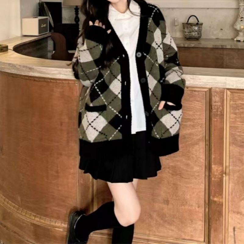 Women's mid-length long-sleeved knitted cardigan autumn and winter green large rhombus college style sweater jacket top