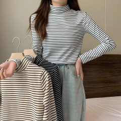 Bottoming shirt for women, loose half turtleneck, autumn and winter plus velvet, trendy stripes, Korean style warm top, long-sleeved T-shirt