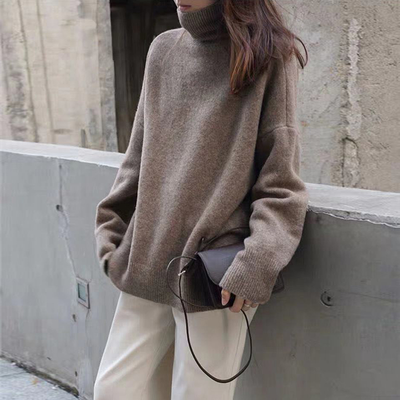 Turtleneck sweater for women, loose outer wear, autumn and winter lazy style knitted bottoming shirt, thickened winter top