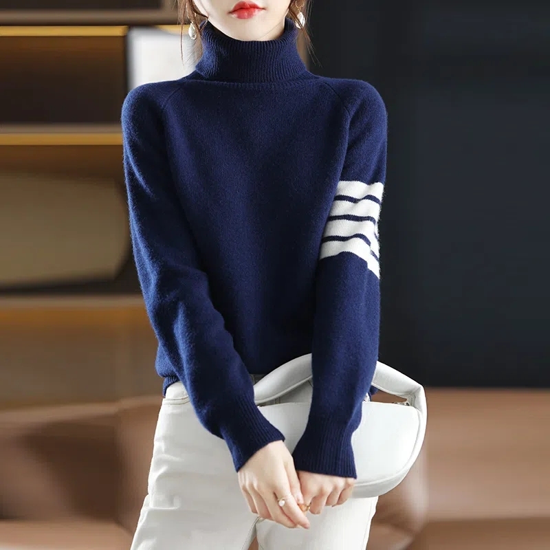 Versatile turtleneck cashmere sweater for women, loose color block wool bottoming sweater, knitted contrast sweater