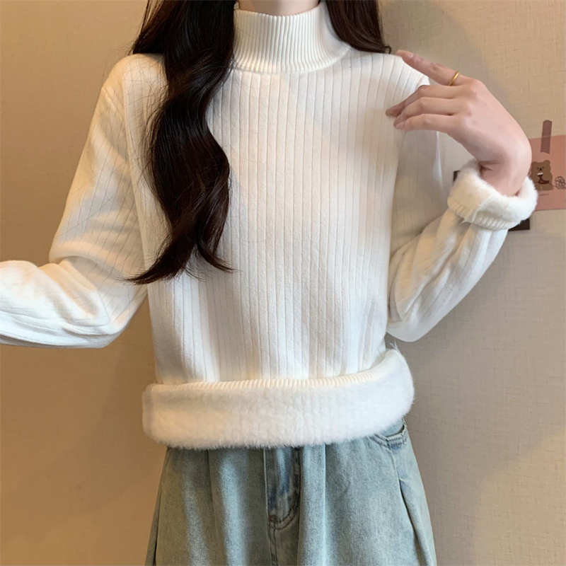 Casual and versatile thickened velvet warm half turtleneck slim-fit bottoming outer top