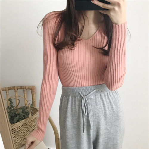 Autumn and winter V-neck knitted long-sleeved slim-fitting warm bottoming shirt top trendy retro pullover slim sweater for women