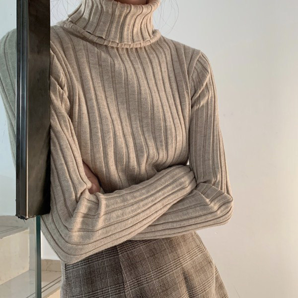 Thick core-spun yarn wide pit strip high-neck sweater women's long-sleeved warm top