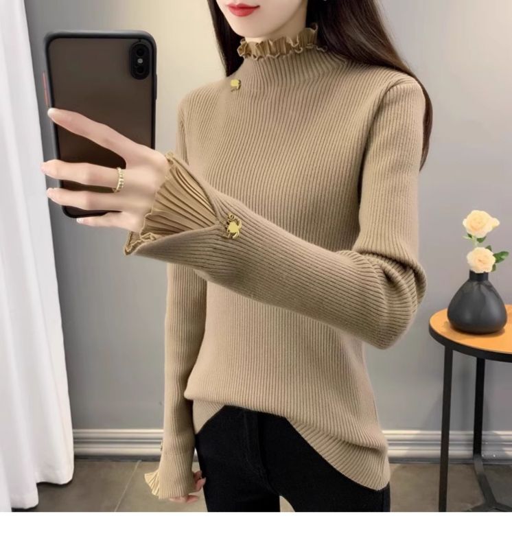 Lace-trimmed half-turtleneck sweater for women, fashionable and slim, with knitted bottoming shirt