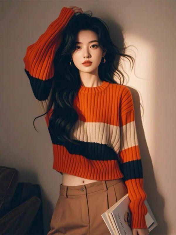 Autumn and winter lazy style orange patchwork knitted bottoming shirt women's sweater design niche long-sleeved top