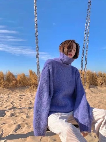 Gentle and lazy style turtleneck thickened sweater women's loose imitation mink knitted sweater inner top