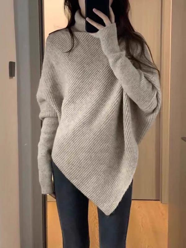 Designed turtleneck pure cashmere sweater for women, thickened irregular loose sweater, lazy style knitted top, autumn and winter